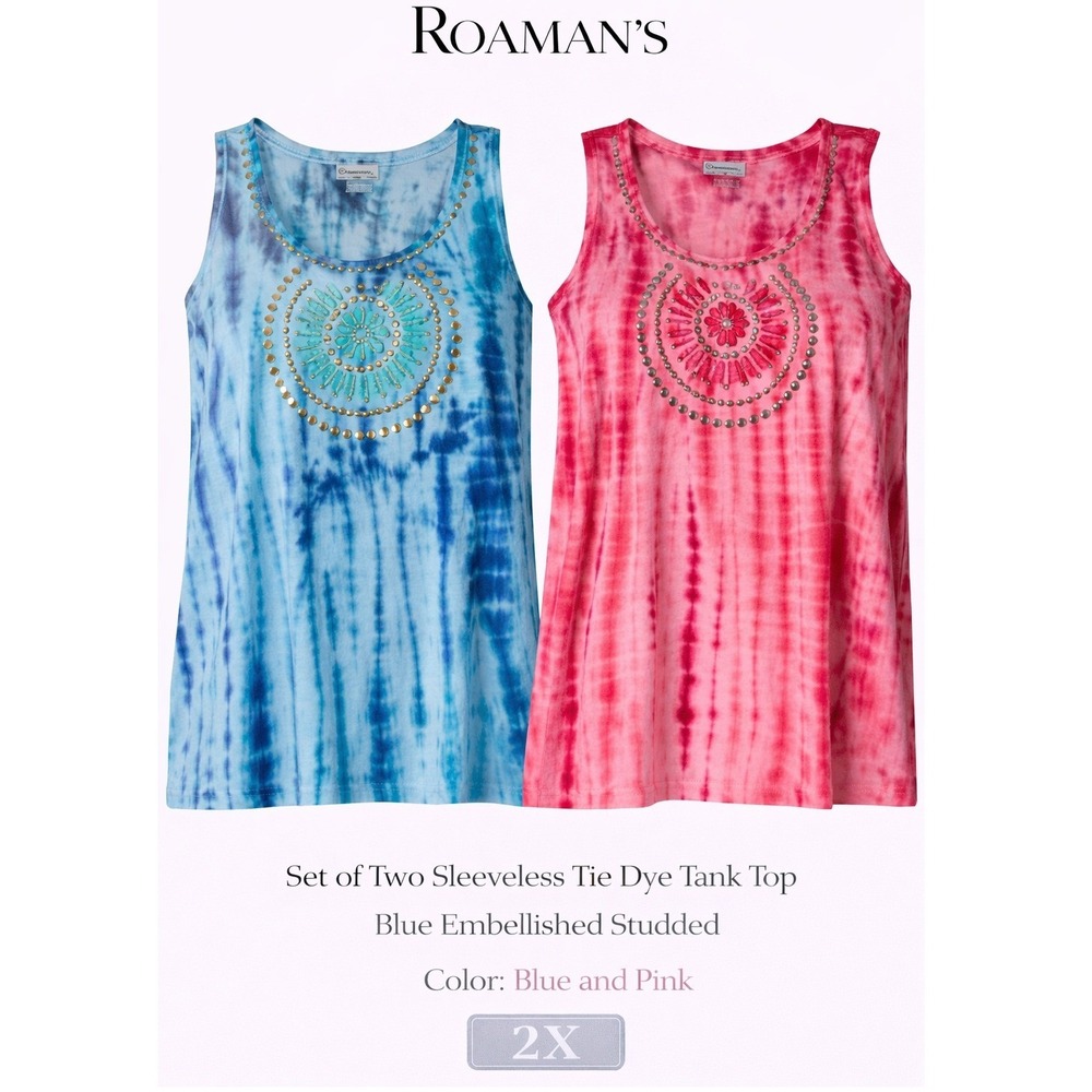 Roamans‎ Womens 2X Tie Dye Tank Top Set Blue Pink Embellished Studded Sleeveless